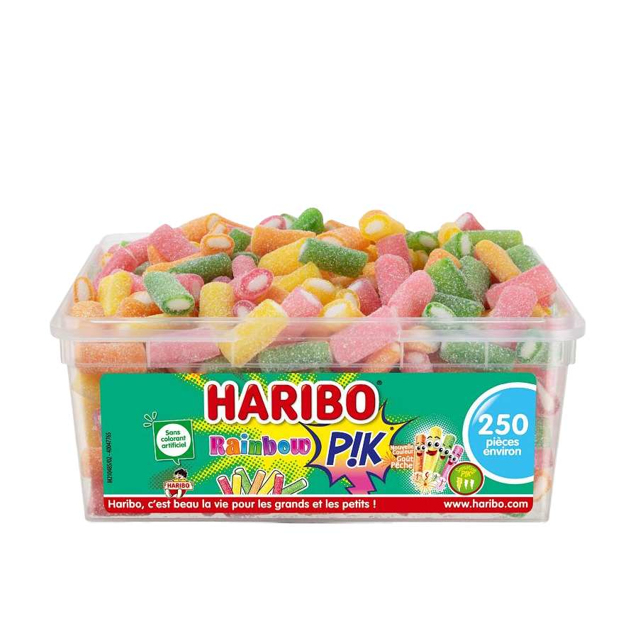 Bonbons Haribo Rainbow Pik, assortiment de bonbons colorés et acidulés en forme de petites perles.