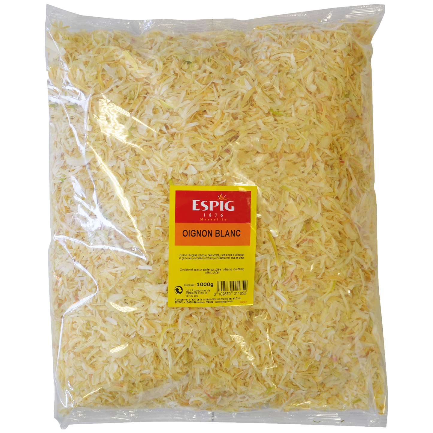 Oignon blanc séché en sachet, parfait pour cuisiner et relever vos plats."