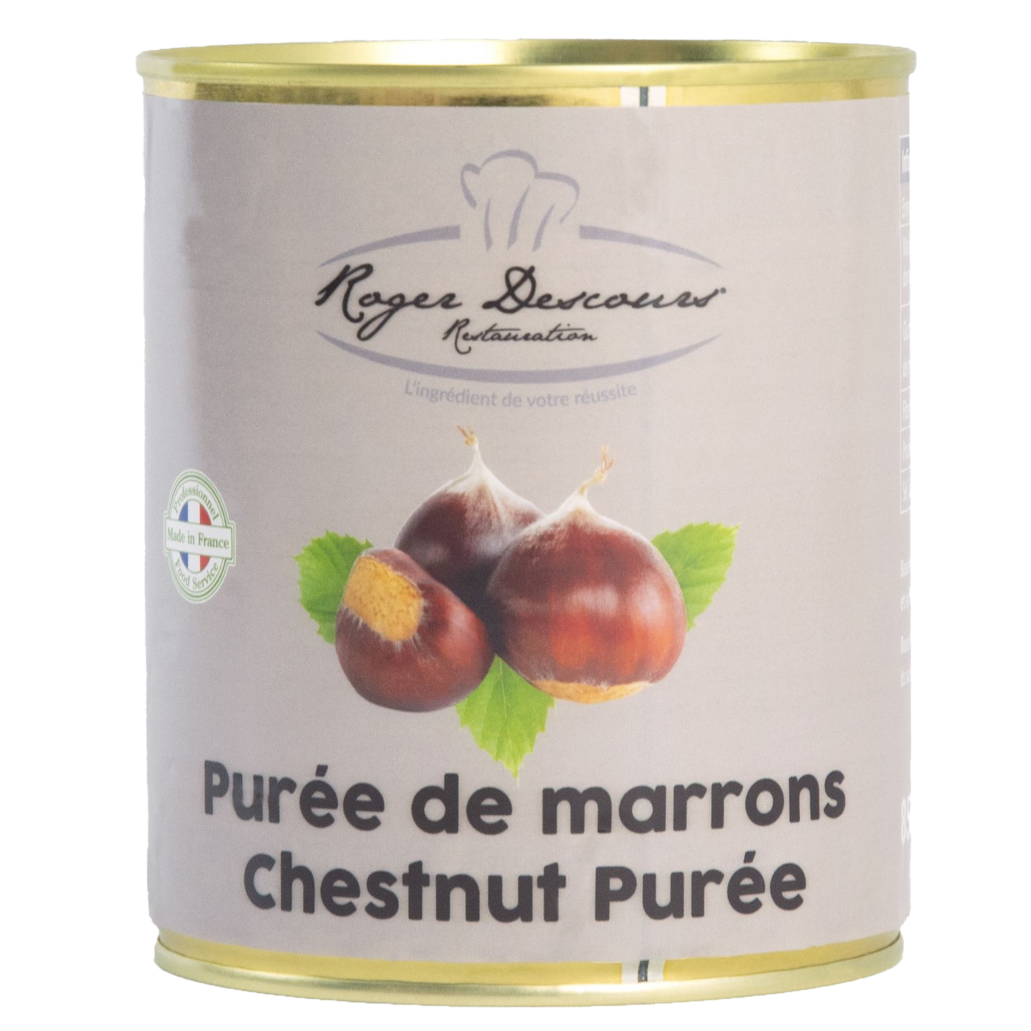 Purée de marron onctueuse, idéale pour desserts, crèmes et pâtisseries.