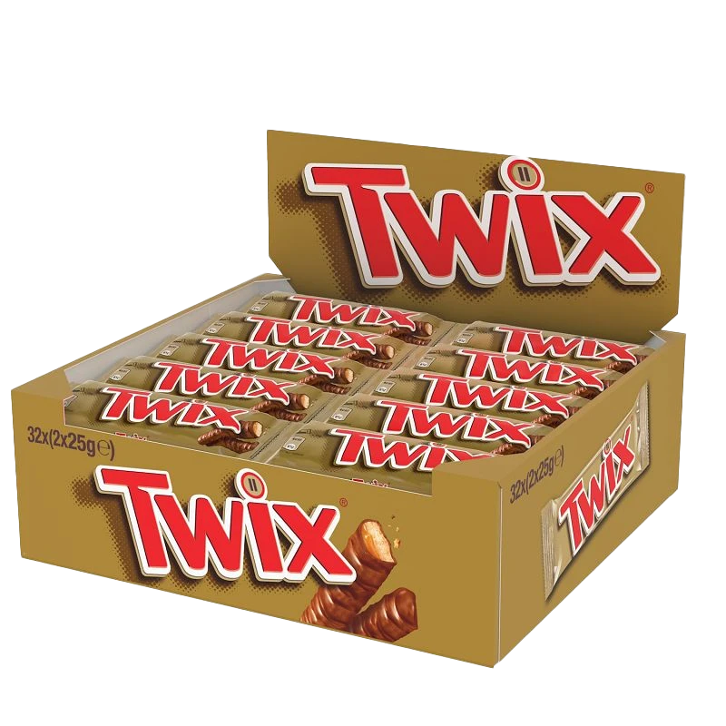 Barre chocolatée Twix 50g, caramel et biscuit enrobés de chocolat au lait.
