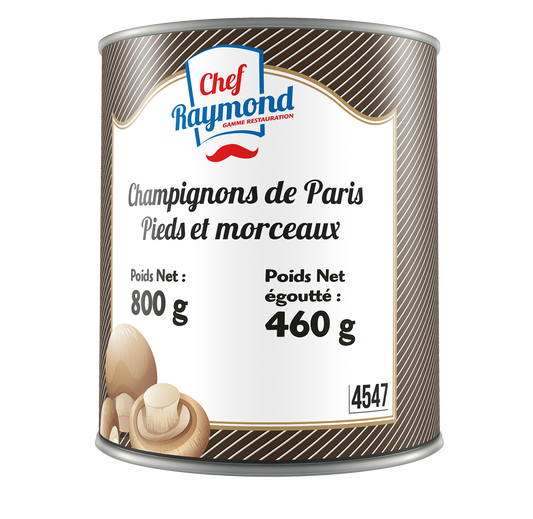 Champignons de Paris, pieds et morceaux, prêts à cuisiner