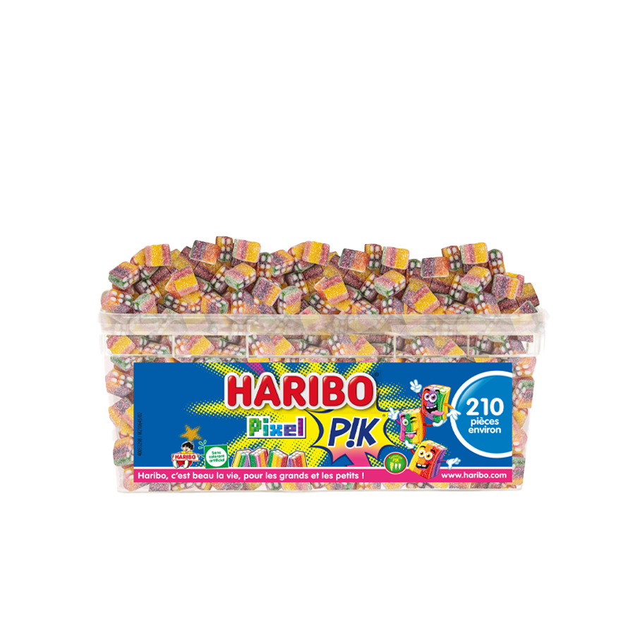 Bonbons Haribo Pixel Pik, assortiment de petits bonbons colorés et fruités.