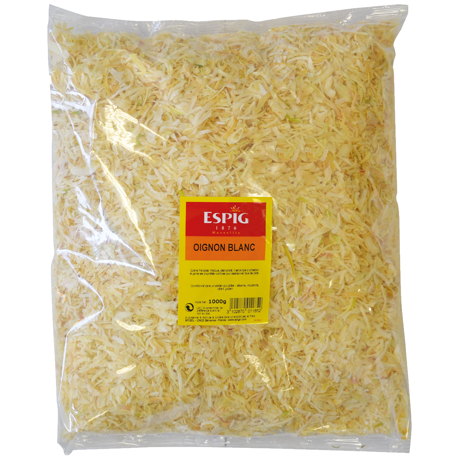Oignon blanc séché en sachet, parfait pour cuisiner et relever vos plats."