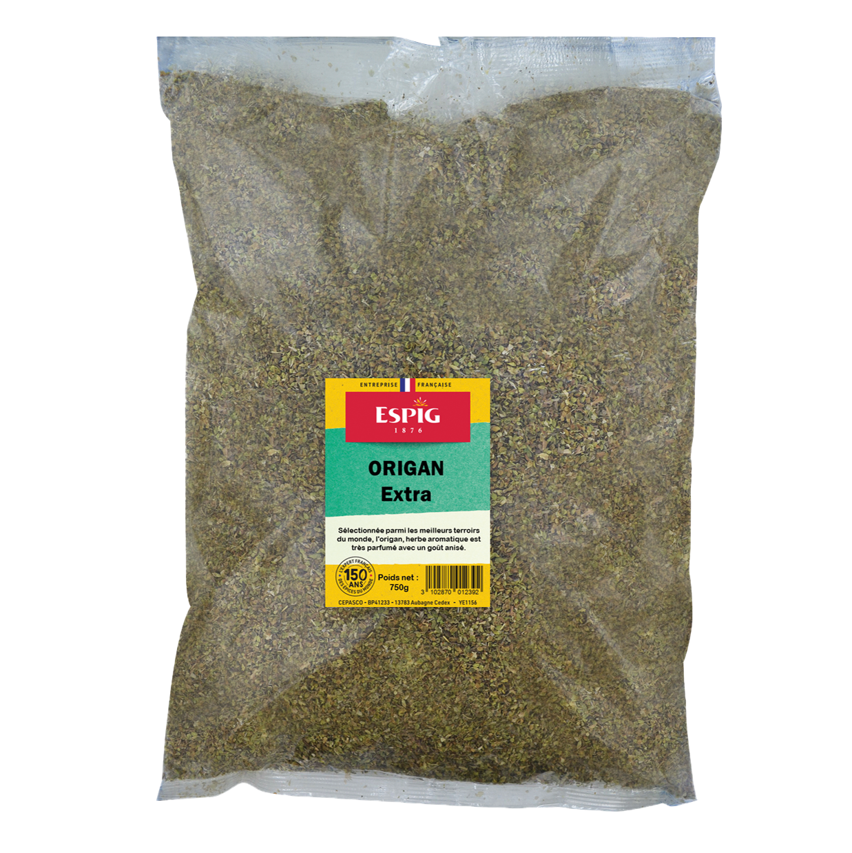 Origan séché en sachet pour assaisonnement et cuisine méditerranéenne.