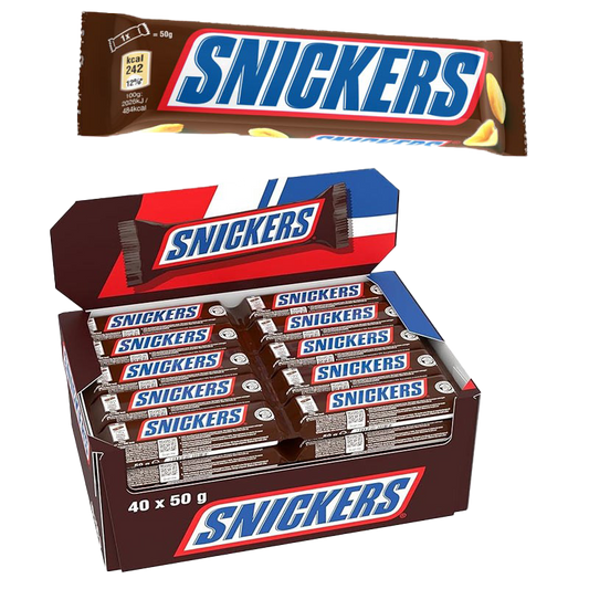 Barre Snickers 50g, chocolat au lait, caramel et cacahuètes pour une gourmandise intense.