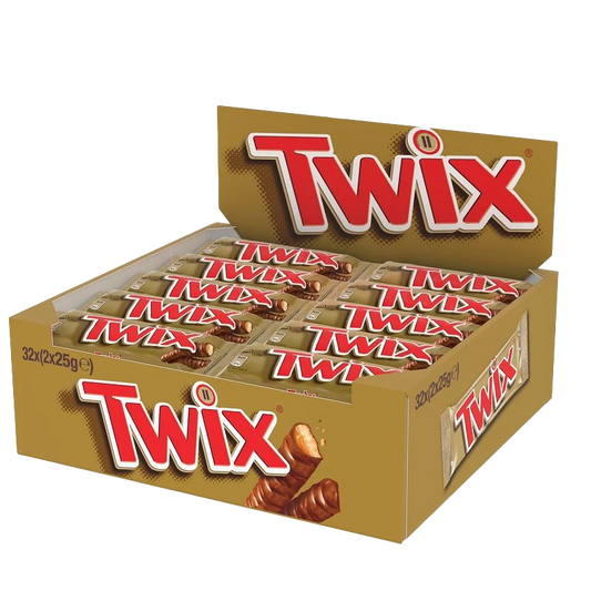 Barre chocolatée Twix 50g, caramel et biscuit enrobés de chocolat au lait.
